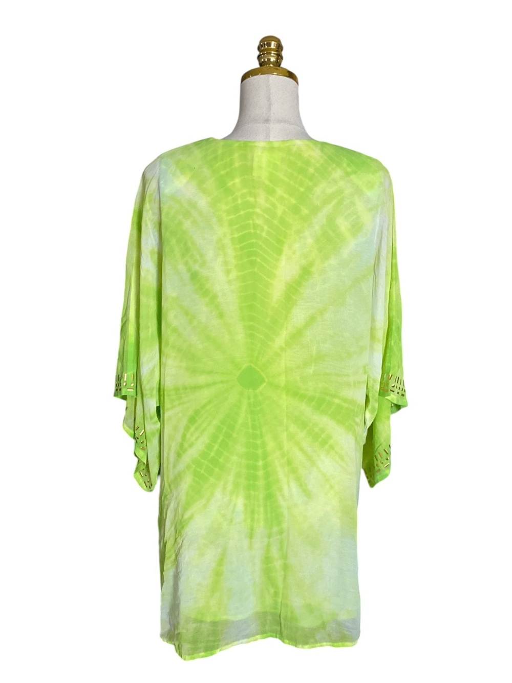 Diane Gilman Lime Green Tie-Dye Beaded V-Neck Kaftan Beach Resort Vacation Top M - Picture 8 of 14